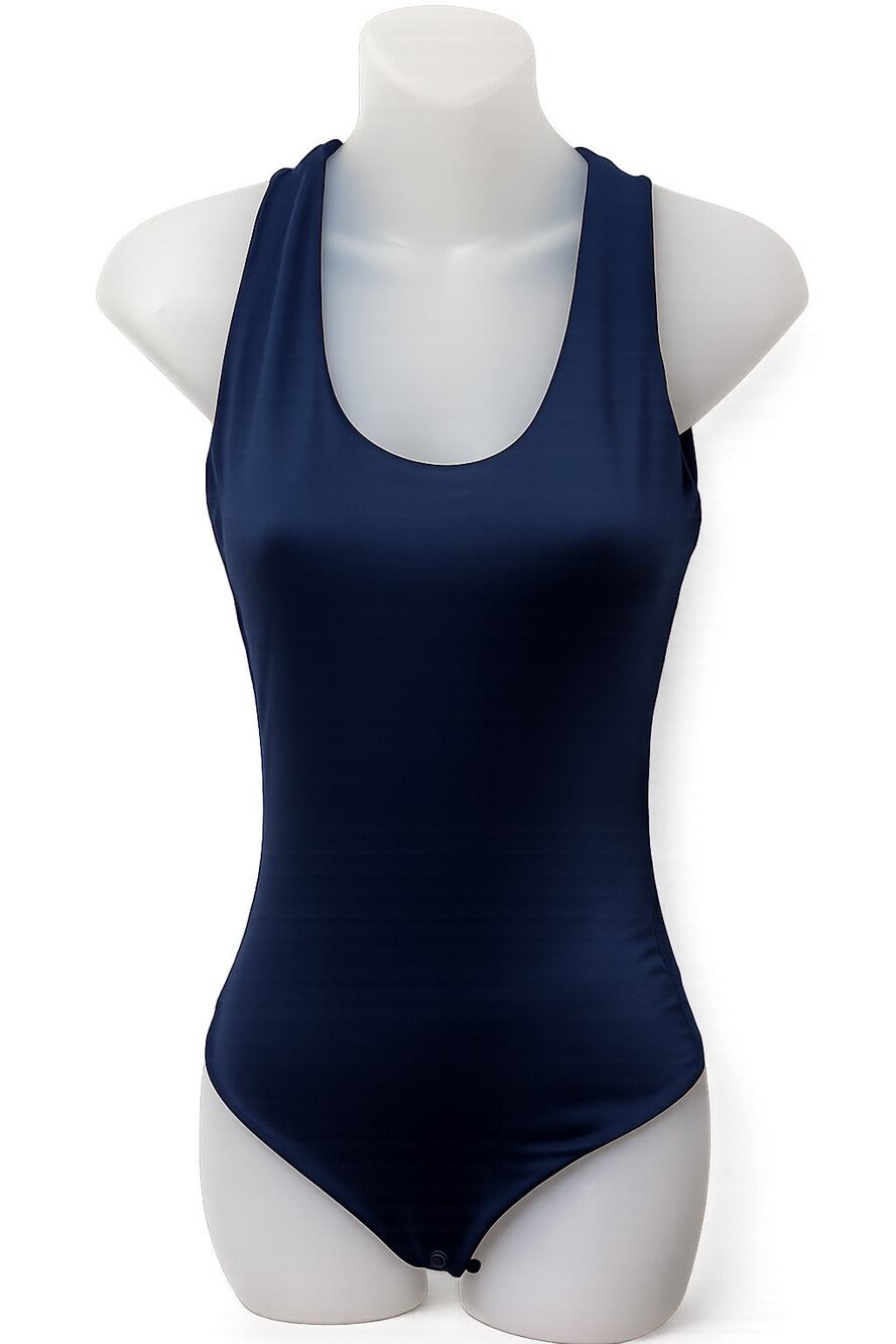 Women’s Navy Blue Bodysuit Open Back Bow Tie Scoop Neck Sleeveless Snap Closure